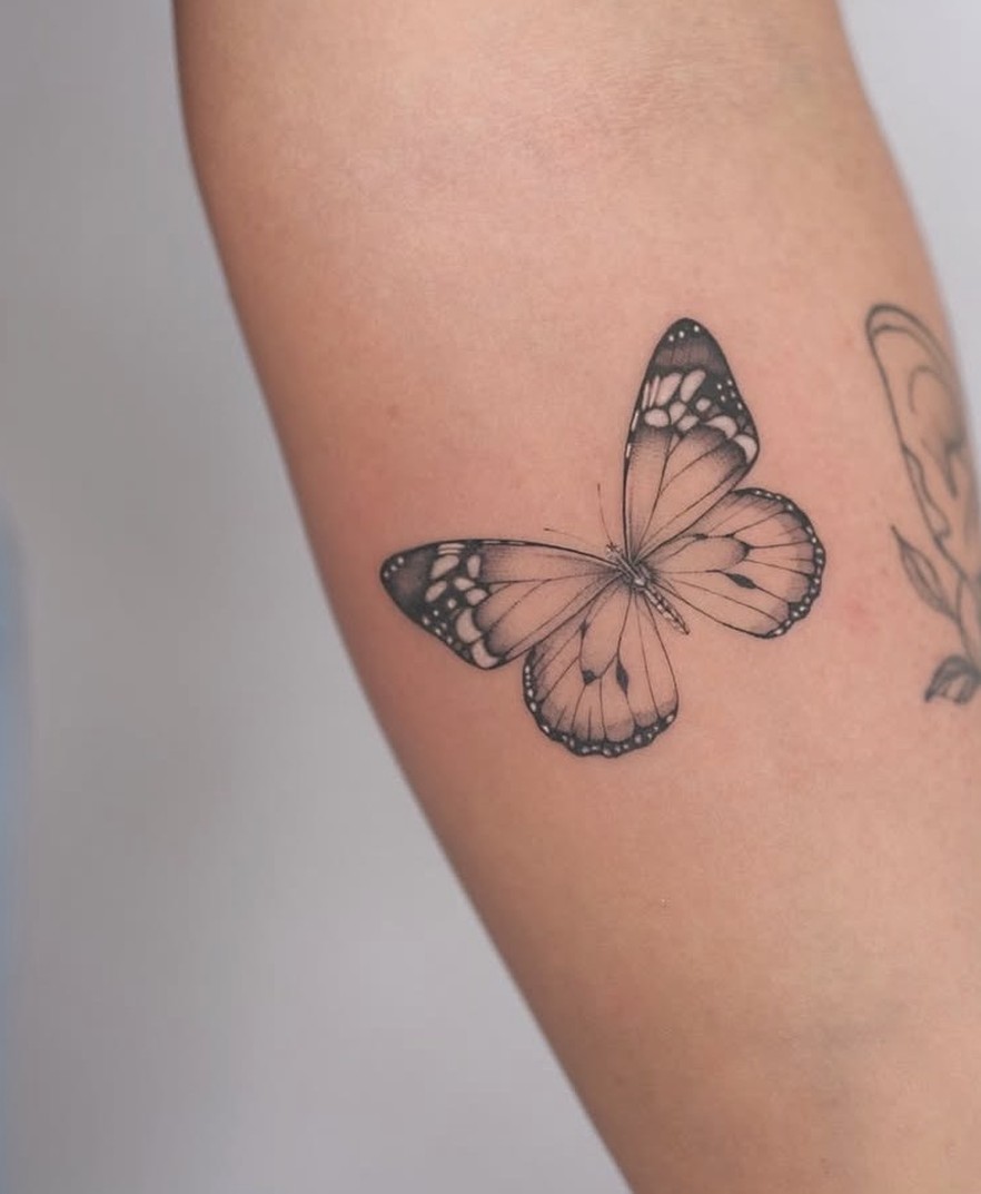 Fineline tattoo van een vlinder op de onderarm